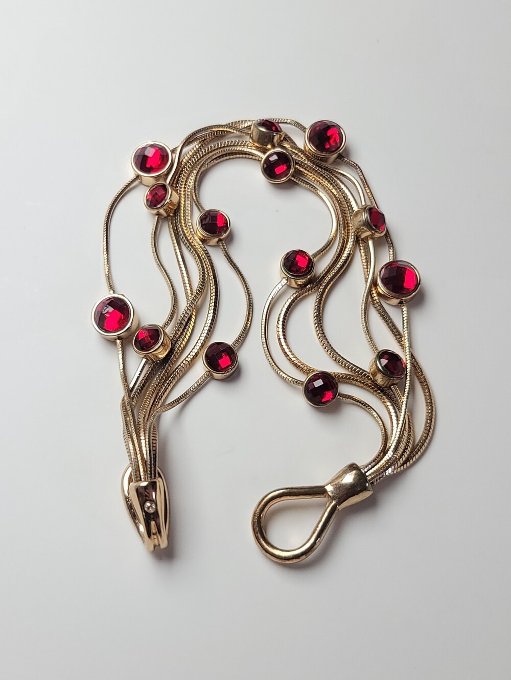 Vintage Ruby Red Crystals Multi-Strand Snake Chains Bracelet - Statement Estate